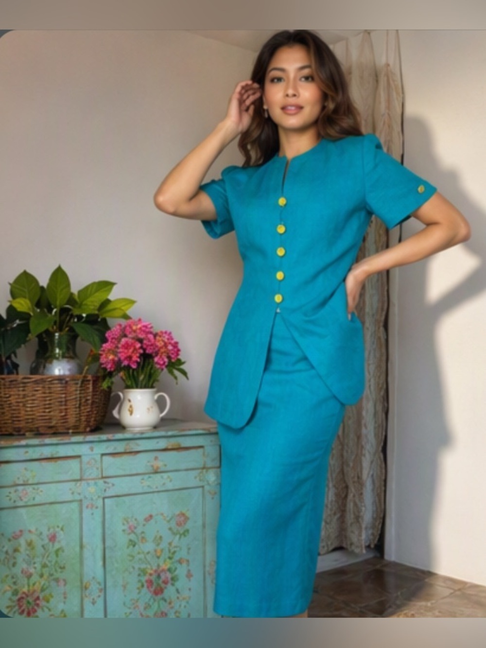 🌷 Casual Corner🌷 Vintage 90s Turquoise Gold Button Blazer & Skirt Set Petite
